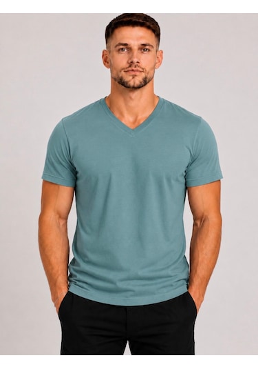 Axxel Erkek Mint Yeşil Pamuklu V Yaka Kısa Kollu T-shirt-d804 Mint Yeşili