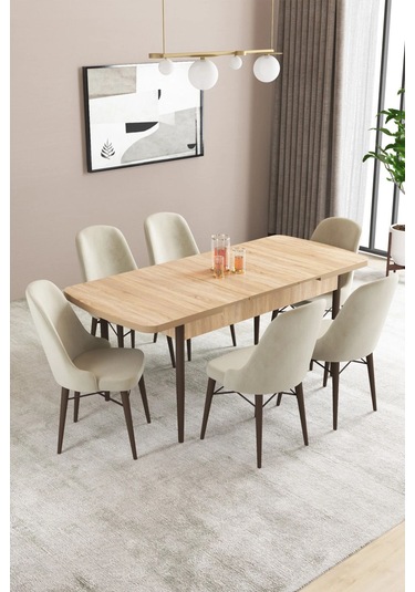 Sar Pakete Almira Serisi, Meşe Desen 80x132 Açılabilir Mdf Mutfak Masası Takımı 6 Adet Sandalye Krem