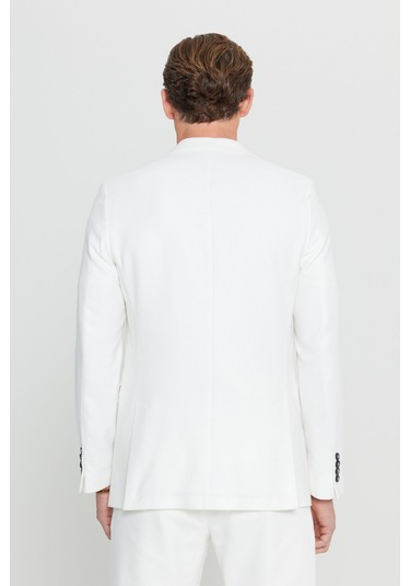 Erkek Ekru Slim Fit Dar Kesim Kırlangıç Yaka Kapak Cepli Blazer Ceket Ekru