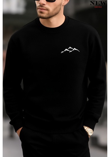 Dağ Baskılı Bisiklet Yaka Sweatshirt Siyah