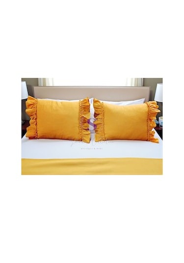 Oksit Sarı Keten Bohem Fırfırlı Vintage 2'li Dikdörtgen Kırlent Kılıfı Sarı