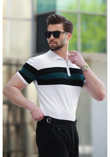 Madmext Beyaz Fermuarlı Polo Yaka Çizgili Erkek Tişört E7406 Beyaz