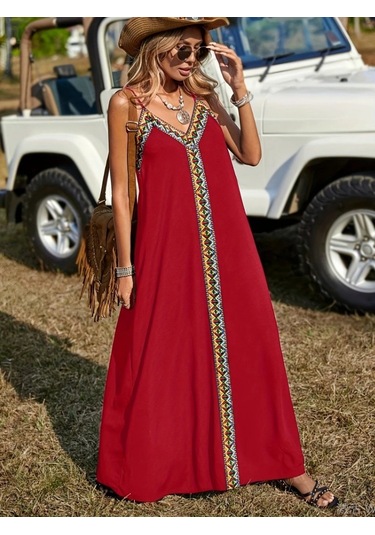 Kadın Askılı V Yakalı Etnik Şerit Detaylı Uzun Viskon Elbise Kırmızı