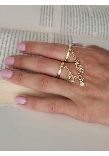 Şahmaran Damla Başak Model Zirkon Taşlı Ayarlanabilir Gold Altın Renkli Yüzük Gold