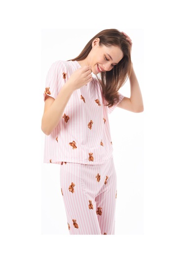 Premium Kadın Pijama Takımı Krem Ayıcık Desenli Yumuşak Dokulu Kısa Kollu Bisiklet Yaka Pembe