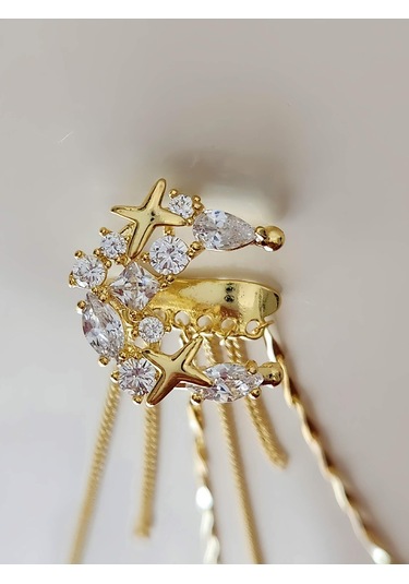 Yıldız Zirkon Taşlı Model Kıkırdak Sağ Kulak Gold Renk Küpe Gold