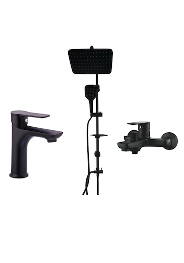 Faumix KAV990081 Banyo Ve Lavabo Bataryası Ve Tepe Duş Seti Siyah Mat Siyah