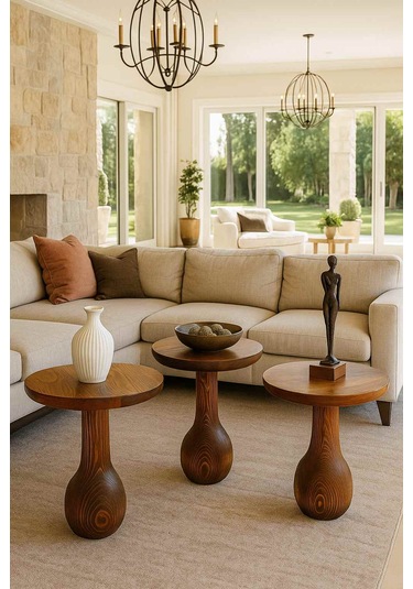 Meşe Renk Ahşap Mantar Sehpa Seti 3 Lü Doğal Zigon Fiskos Takımı Meşe