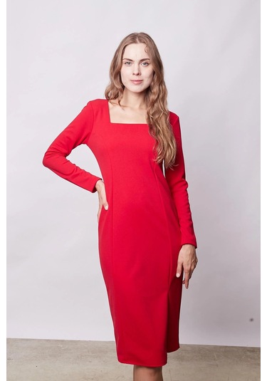 Kadın Likralı Krep Kumaş Kare Yaka Önden Yırtmaçlı Uzun Kol Diz Altı Ofis Elbise-kırmızı Kırmızı