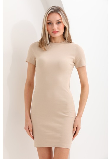 Kallima Bej Kısa Kollu Mini Fitilli Esnek Kalem Elbise