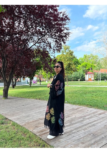 Siyah Mercan Desenli Kaftan Kimono Renkli Desenli Salaş Plaj Ve Günlük Kullanım Siyah - Turuncu