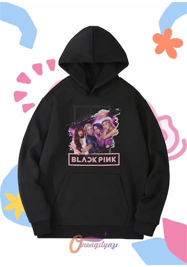 Çocuk Unisex Blackpink Kızlar Baskılı Oversize Kapüşönlü Sweatshirt SiYAH