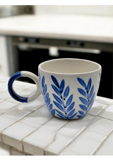 Seramik Kupa Bardak Mavi Yapraklı Tasarım