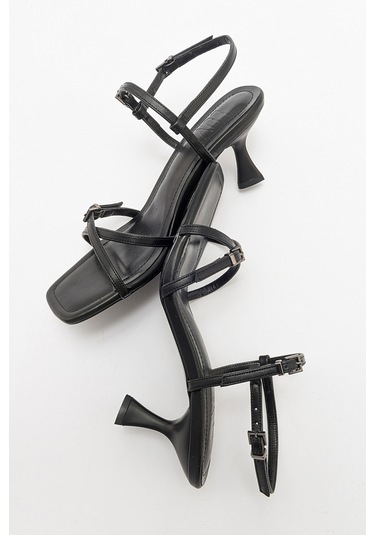 Luvishoes Nebel Siyah Cilt Kadın Topuklu Sandalet Sıyah Cılt