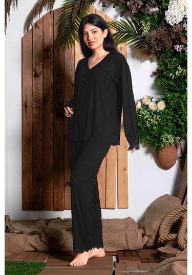 Nisanca Uzun Kollu Bambu Anne Pijama Takımı- Genç Anne Serisi Siyah