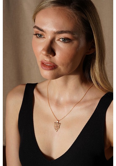 Baykuş Model Siyah Mineli Gümüş Kolye Rose Rengi Gümüş