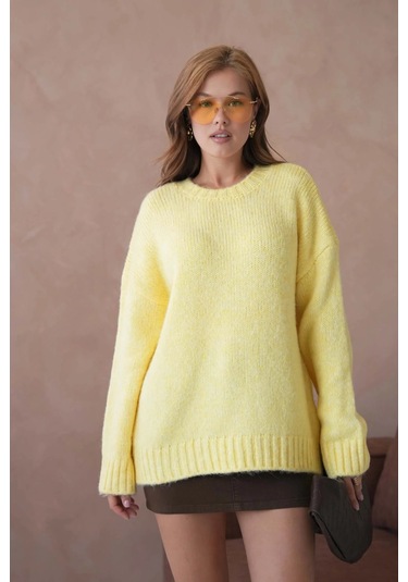 Kadın Bisiklet Yaka Yumuşak Dokulu Oversize Triko Kazak 3032 Sarı