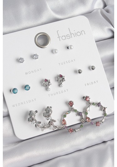 Pirinç Gümüş Renk Zirkon Taşlı Gül Figür Halka Model 7 Çift Kadın Küpe Seti Çok Renkli