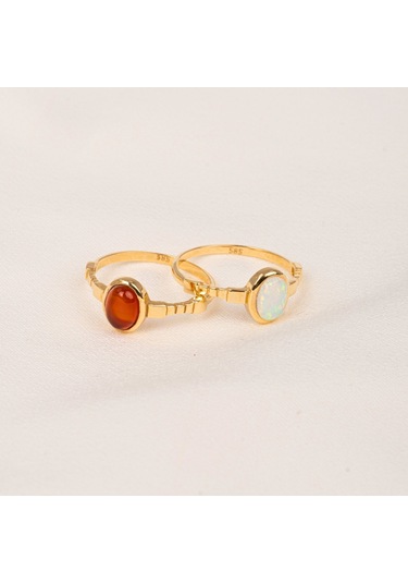 Gümüş Yüzük - Akik Taşlı Oval Kesim Boğumlu Tektaş Modern Tasarım 925 Ayar Gümüş Kadın Yüzük Sarı