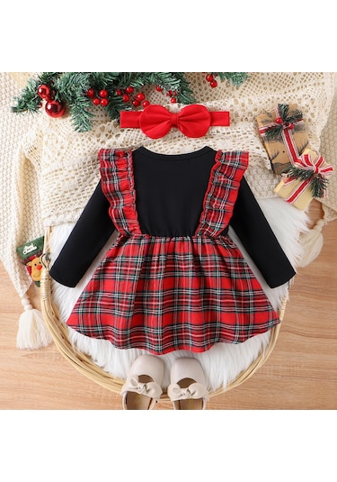 Noel Yenidoğan Bebek Bebek Kız Giysileri Setleri Örgü Romper Ekose Geyik Etekler Kafa Bandı Noel Kostümleri Kıyafetler Kırmızı