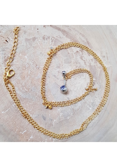 Chavin Zincirli Bele Bağlamalı Taşlı Çelik Göbek Piercing En43Sr