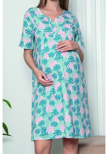 Hamile Tunik Gecelik Kısa Kollu Pamuklu Likralı Ekru 7377 R08