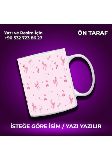 Kişiye Özel Pembe Kurdele Desenli Renkli Kupa -çok Hoş Hediye Beyaz
