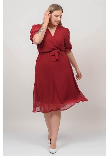 Dip Moda Kadın Astarlı Büyük Beden Şifon Elbise Dpnb8062 Bordo