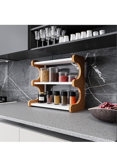 Alpa Ev Mobilya 3 Katlı Tezgah Üstü Mutfak Rafı, Baharatlık Ve Modern Düzenleyici Tasarım Atlantik Çam-beyaz