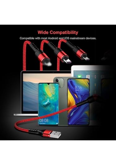 Kosona 1.2m Gümüş 3'lü Usb Şarj Kablosu - Lightning, Type-c Ve Micro Usb Uçları İle 3a Hızlı Şarj