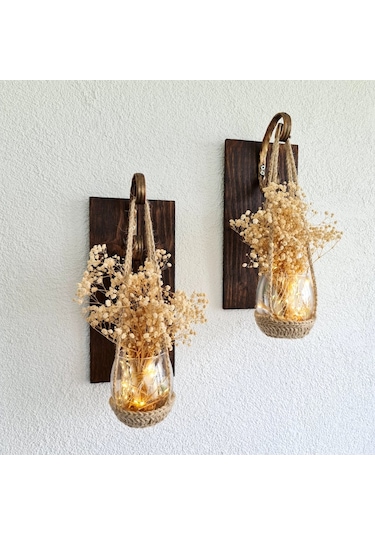 Duvar Dekoru, Led Işıklı, Beyaz Cipso Çiçekli Aplik, Ceviz Ikili