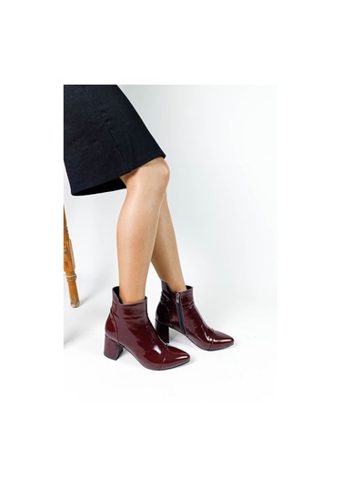 Hakiki Deri Bordo Rugan Fermuarlı Kalın Topuk Kadın Bot Bordo