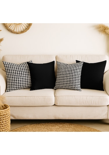 4'lü Kazayağı Desenli Siyah Kırlent Kılıf Seti 4 Al 1 Öde Modern & Bohem Dekoratif Yastık 45 x 45