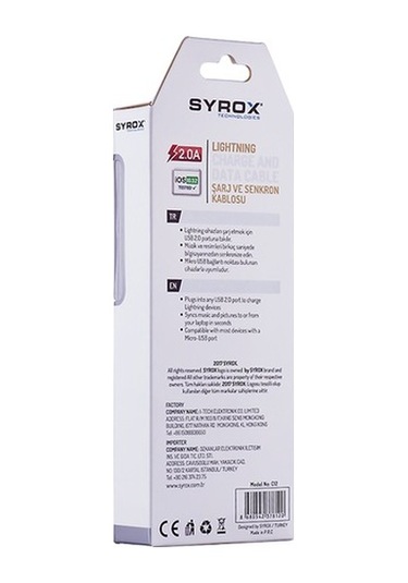 Syrox C12 Lightning Usb Şarj Ve Data Kablosu 2.0A 1.1Mt Beyaz