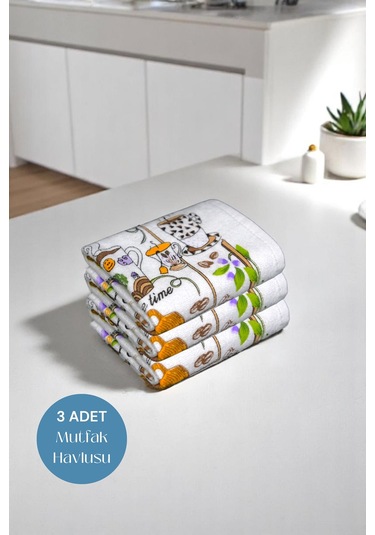 3lü Paket Baskılı Beyaz Mutfak Havlusu Modeli Morning Coffee