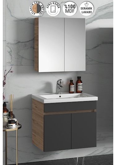 Çiğdem 65 Cm Atlantik Çam-Antrasit Gri Mat Mdf Seramik Lavabolu A Antrasit - Atlantik Çam