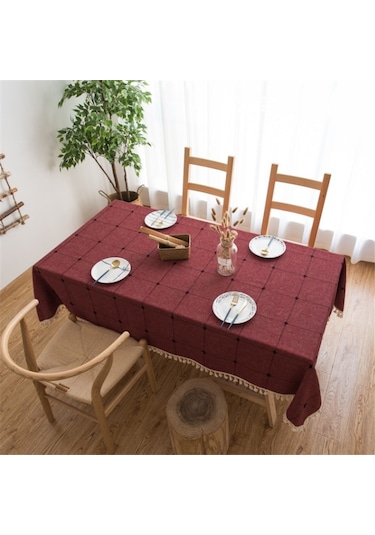 Kare Kafes İşlemeli Masa Örtüsü Saf Renk Pamuk Keten Püskül Dikdörtgen Sehpa Mat, Boyutu: 110x170cm Kırmızı Kırmızı