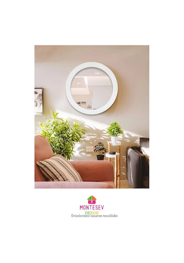 Safir Beyaz Dekoratif Ayna Yuvarlak Işlemeli Duvar Aynası 69 Cm