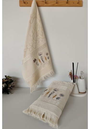 2'li Nakışlı Jakarlı Kadife El Yüz Havlusu - %100 Pamuk - Kapuçino Cappuccıno Cappuccino