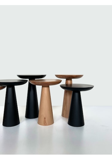 2'li Zigon Mantar Sehpa Mushroom Masif Ahşap Modern Yan Sehpa Takımı Siyah