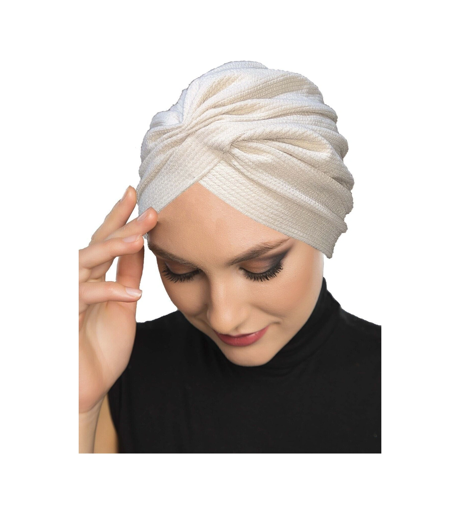 Çapraz Fitilli Penye Krem Hazır Türban Tesettür Havuz Bonesi Krem