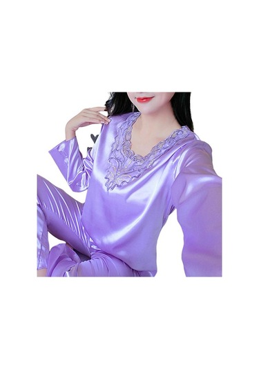 Açık Mor 2 Adet/takım Rahat Bahar Gecelik Seti V Yaka Uyku Dantel Artı Boyutu Kadın Gecelik Yatak Odası İçin Set Açık Mor