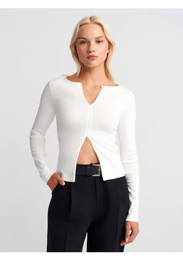 Dilvin 31993 Fermuar Detaylı Uzun Kollu Top-ekru Ekru