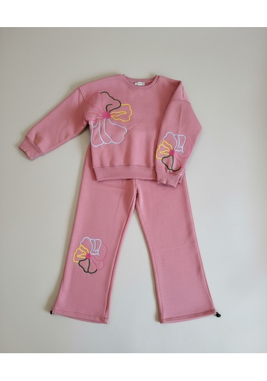 Kız Çocuk Çiçek Nakışlı 3 İplik Şardonlu Eşofman Takımı Pembe