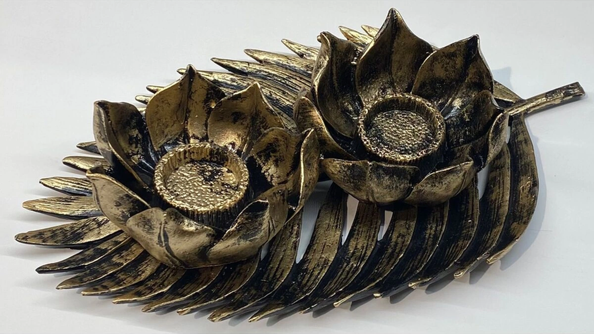 Dekoratif Polyester İkili Çınar Yaprak Mumluk Gold Siyah Eskitme