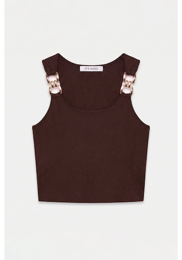 Kadın Kahve S6-81 Aksesuar Detaylı Crop Bluz