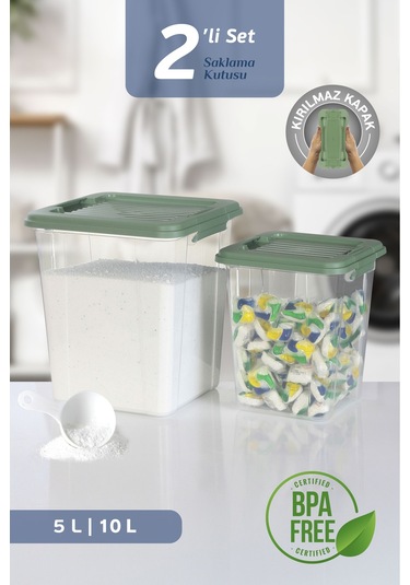 2'li Set 5-10l Kilit Kapak Saklama Kutusu Deterjanlık - Un Bakliyat Erzak Saklama Kabı Organizer Box Yeşil