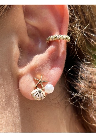 Bymerve Bym531 Çift Midye Model Mini İncili ve Taşlı Kadın Çelik Küpe Gold