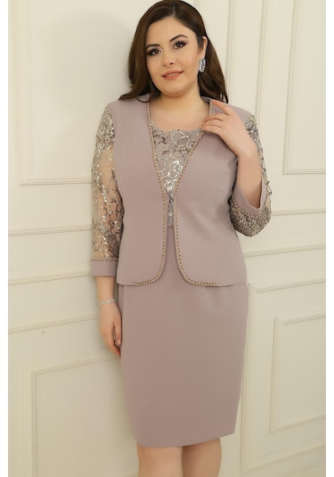 Pulpayet-tül Detaylı Astarlı Elbise Ceket Büyük Beden 2'li Takım-34868 Bej