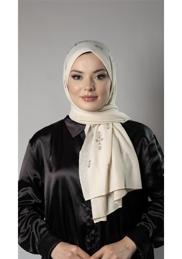 Krem Pratik Hazır Geçmeli Tesettür Şal Örme Kumaş Taşlı Çiçek Desenli 2118c 40